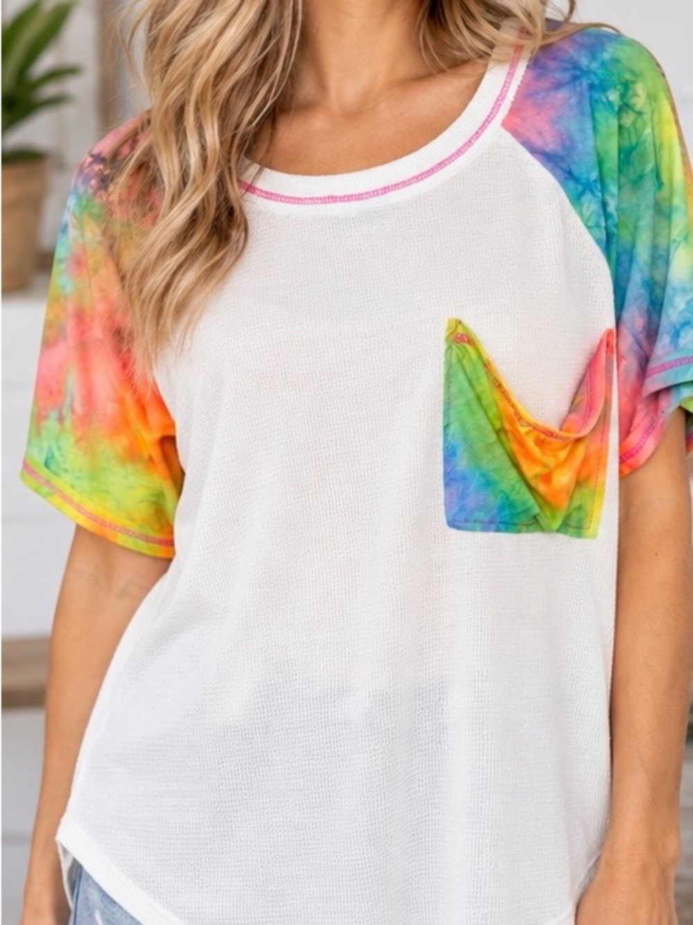 white birch White Raglan Pocket Tee with Tie-Dye Sleeves NWOT
